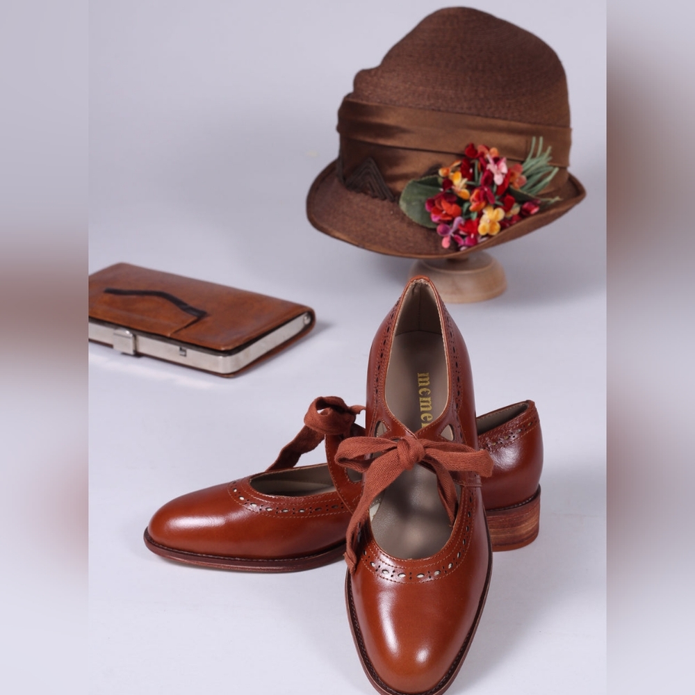 NWB Memery Anna Cognac Brown Flats 1930/1920s vintage inspired leather shoes